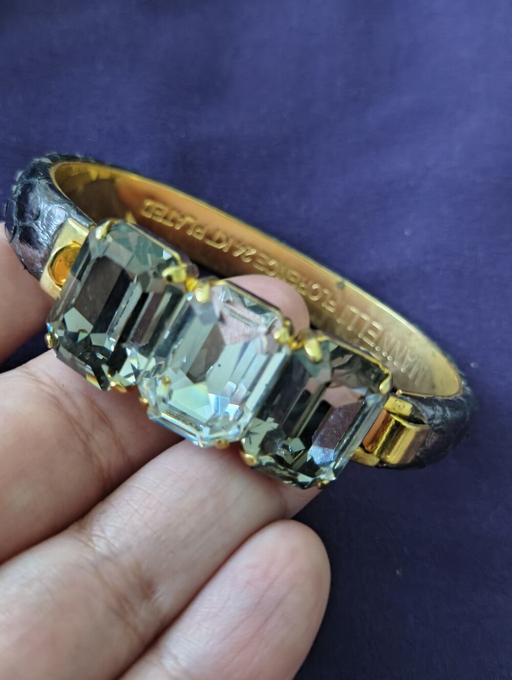 Vintage 24KGP Mannelli Florence Italy Snake Skin Leather & Crystals Bangle.